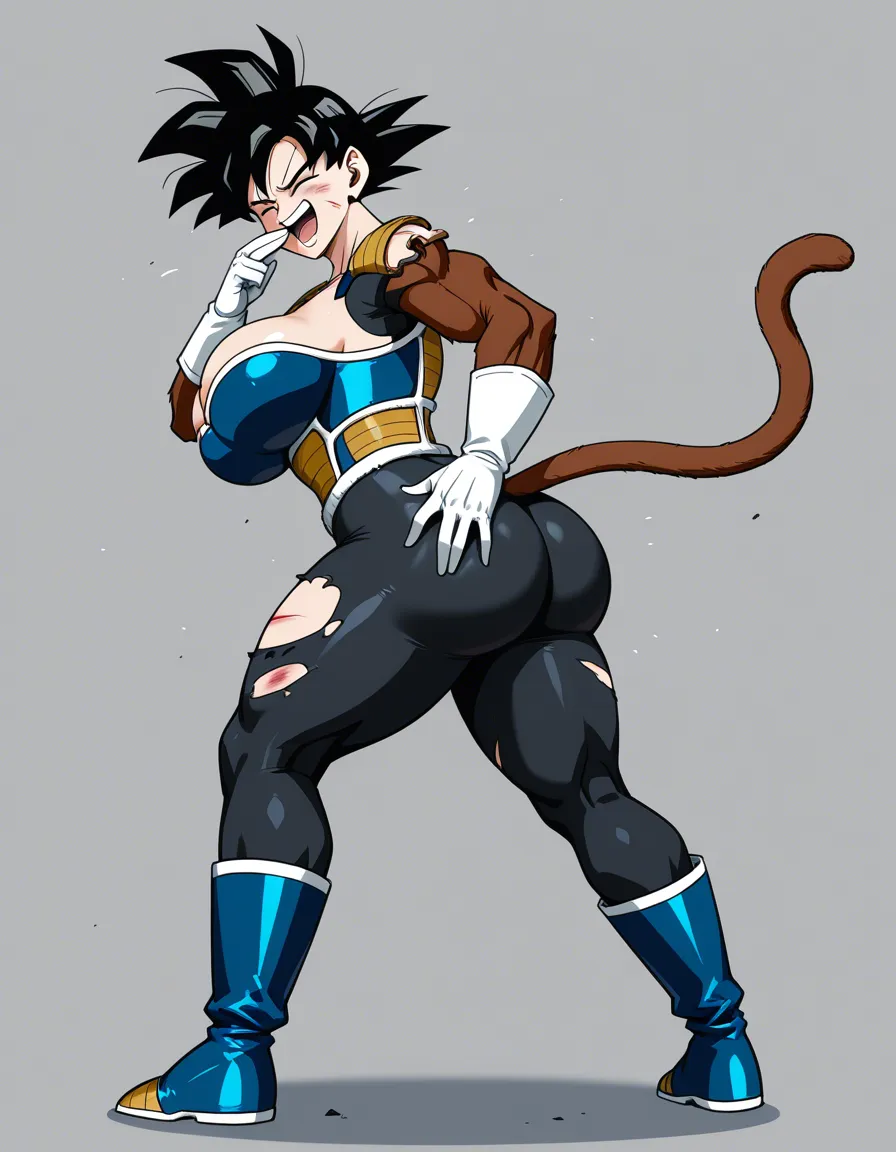 Girl, Saiyan_girl, huge_breasts, huge_ass, Saiyan_armor, black_hair, Monkey_tail, full_body, Broken_armor, laughing, injury, hentai_studio_quality