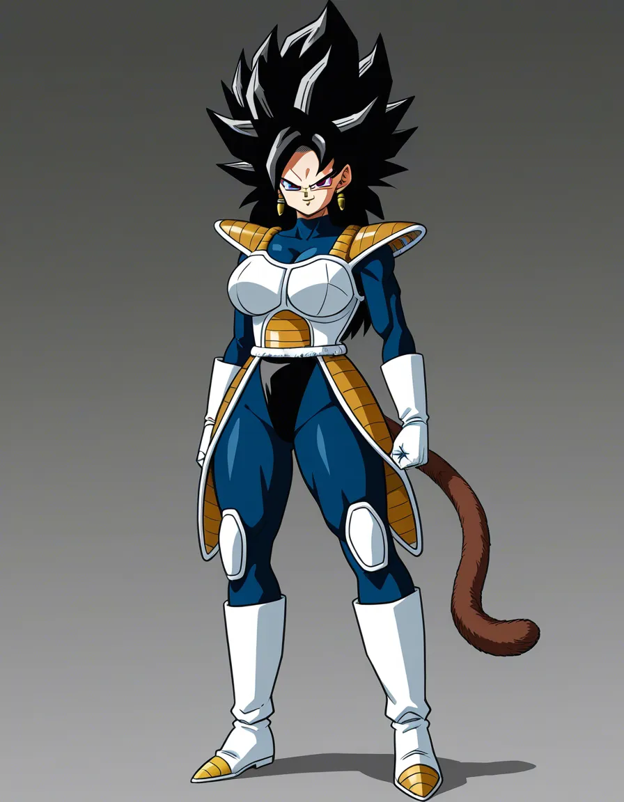 Girl, Saiyan_girl, huge_breasts, huge_ass, Saiyan_armor, black_hair, Monkey_tail, full_body, Broken_armor, evil_smile, long_hair, standing, Front_view, Injuru_face, hentai_studio_quality