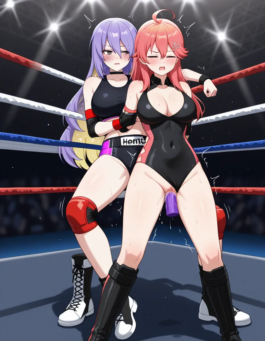 @sakura_miko , @moona_hoshinova , 2 girls yuri sex, wrestling_ring, wrestling, strapon, vaginal_object_insertion , defeated bruised,, hentai_studio_quality