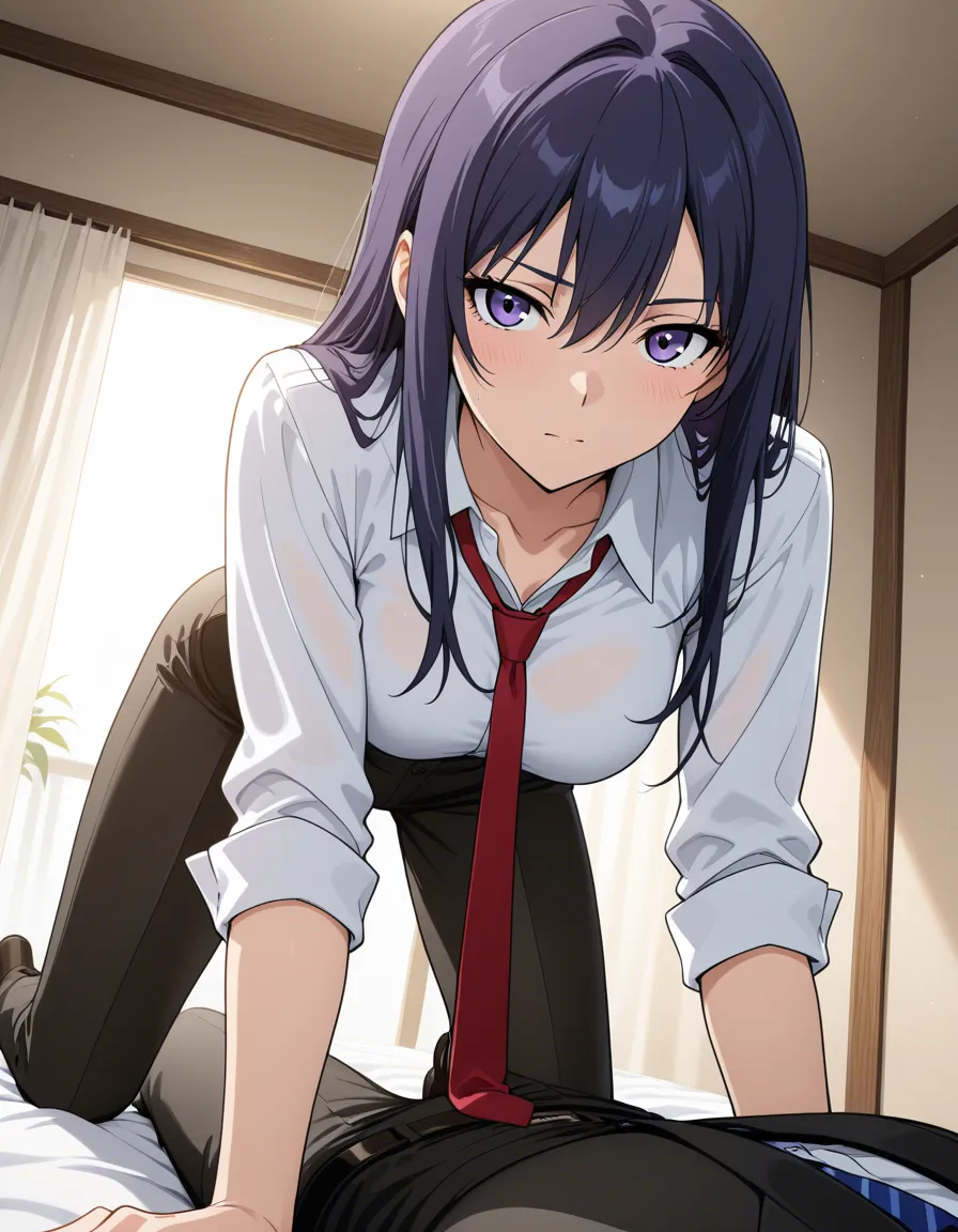 masterpiece, best quality, couple, necktie, on all fours, dutch angle, anime style, hentai_studio_quality