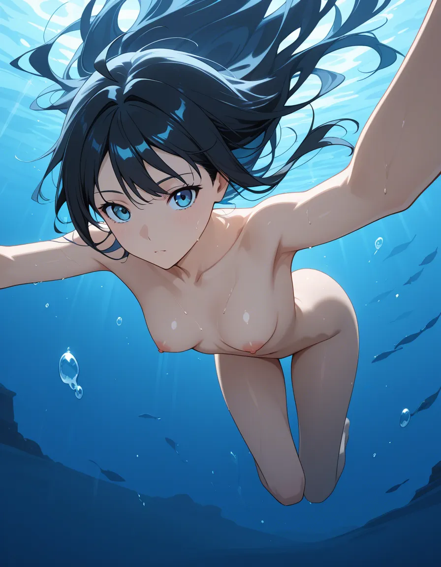 small mermaid, age 18, nude small breasts, long black hair, sky blue eyes, swimming under the sea, hentai_studio_quality, hentai_studio_quality, hentai_studio_quality, hentai_studio_quality