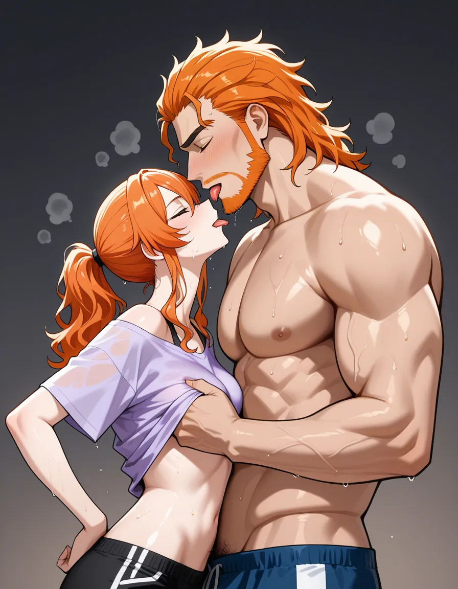 Beautiful Petite Japanese orange hair with ponytail, busty, small waist, slim shoulders wet tongue kissing while fucking gruffy Japanese guy with brown wavy hair, facial hair, slim muscular tall body (in his 20's). She's wearing a lavender shirt that is lifted above her breast.d, hentai_studio_quality