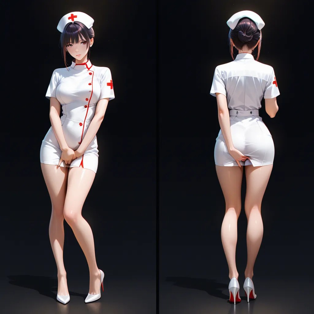 best quality, hyperrealistic, nurse, standing, alternate costume, masturbation, black background, lifelike render