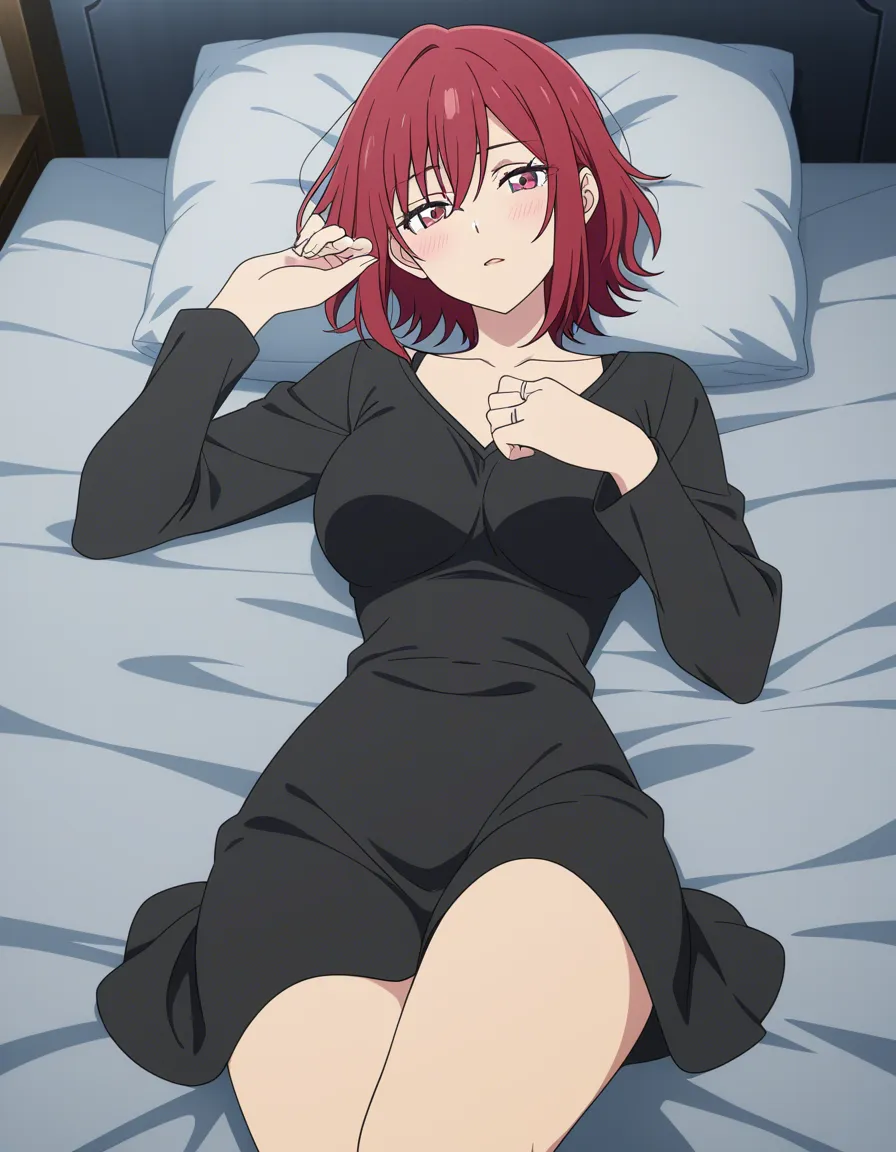 Married woman striking a sexy pose in bed with her wedding ring on her ring finger., (anime style:1.3), 2d, anime screencap, cel shading, flat color, @00osamio00