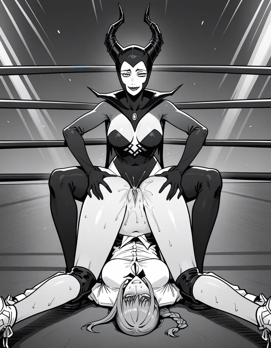 2girls . maleficent , @makima_(chainsaw_man) , yuri sex, strapon , wrestling_ring, wrestling , pussy_juice,, defeated , piledriver, hentai_studio_quality