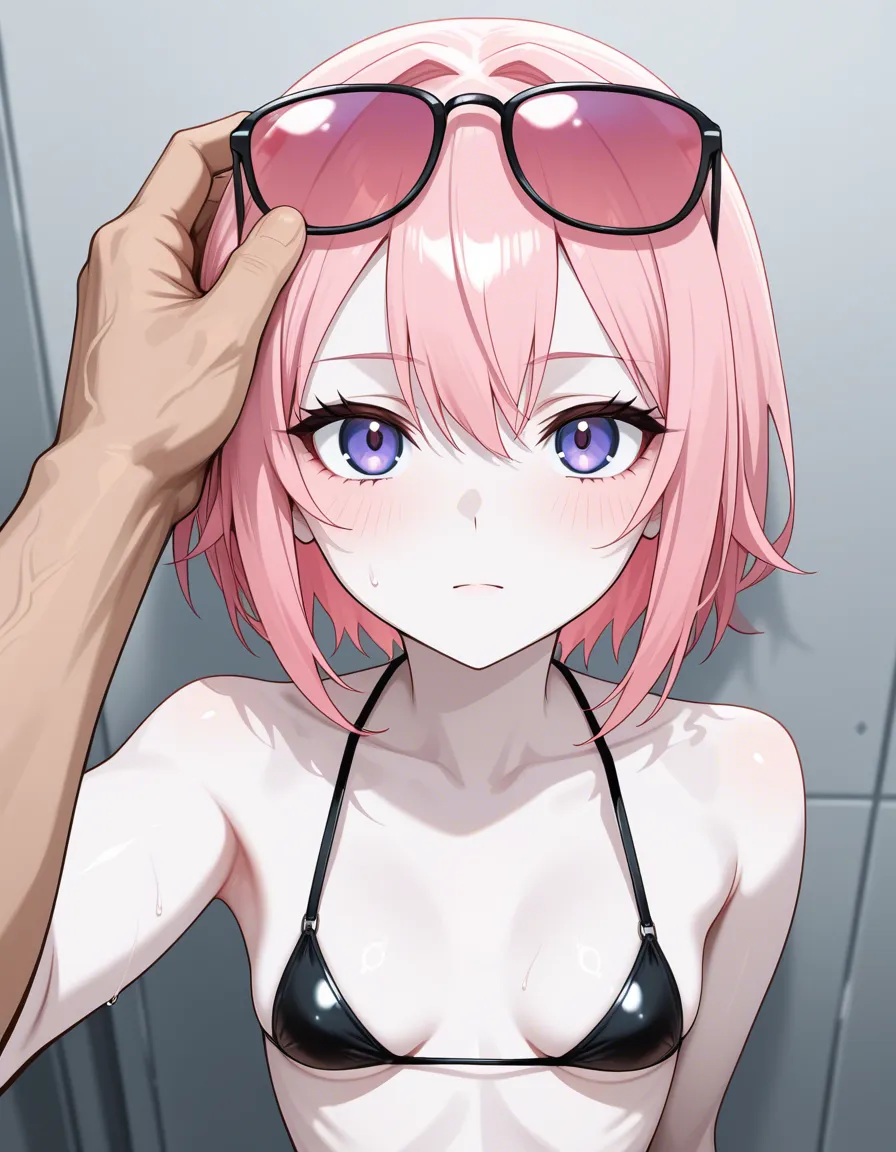 pale_skin petite pink_hair eyewear_on_head glasses age_difference size_difference, hentai_studio_quality