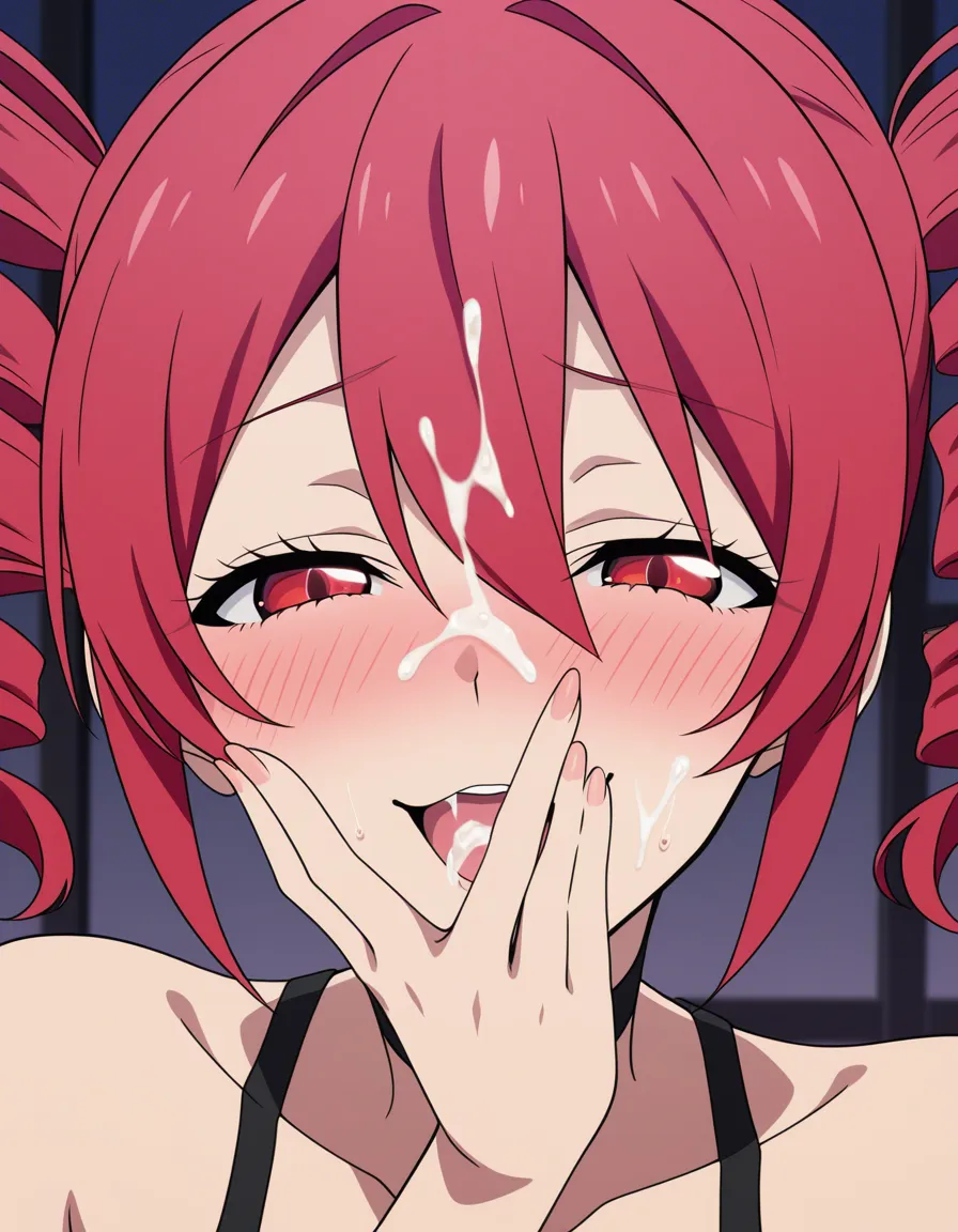 @kasane_teto pov naughty_face 1girl solo blush cum facial, (anime style:1.3), 2d, anime screencap, cel shading, flat color, @00osamio00