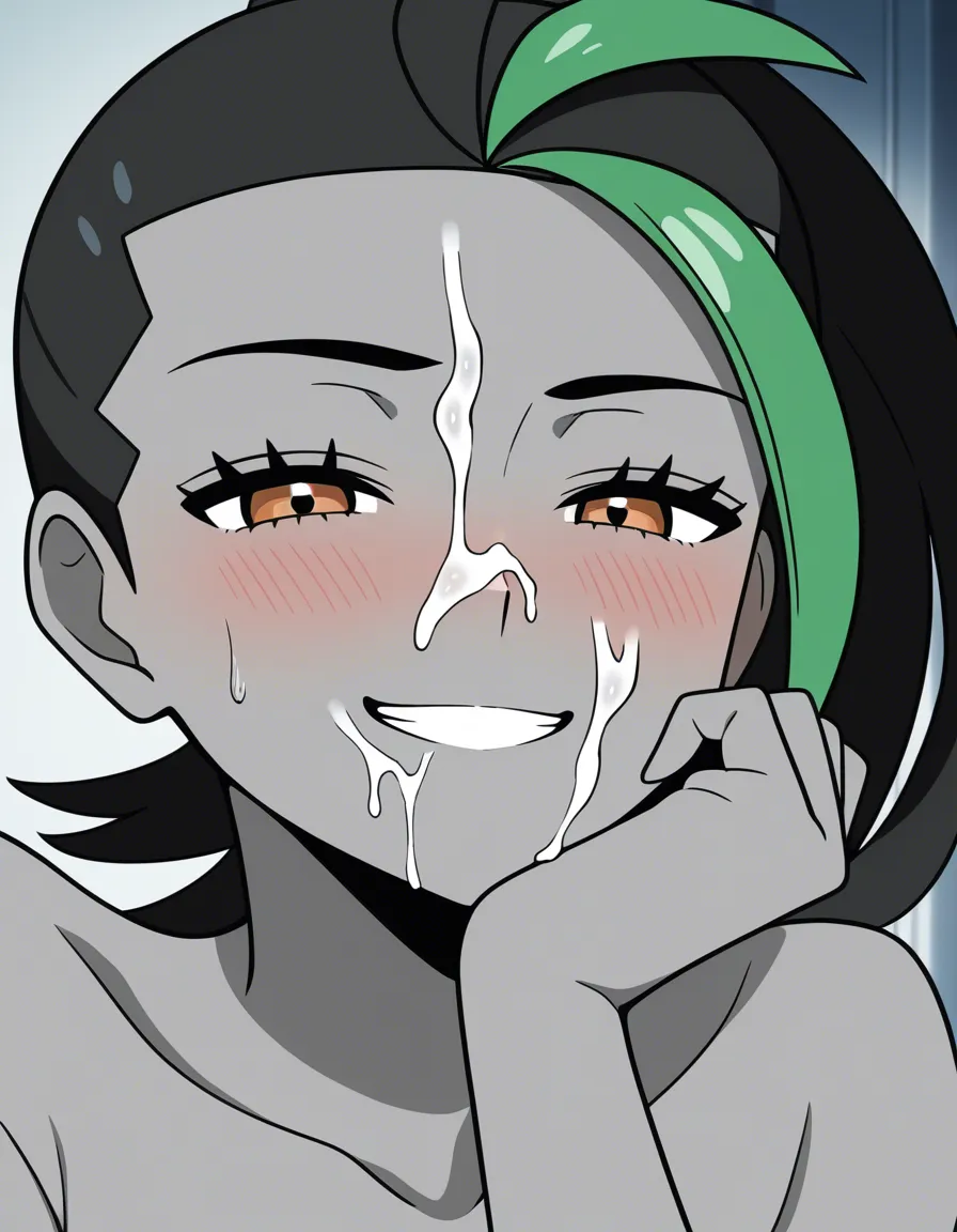 @nemona_(pokemon) 1girl solo blush happy naughty_face facial cum, (anime style:1.3), 2d, anime screencap, cel shading, flat color, @00osamio00