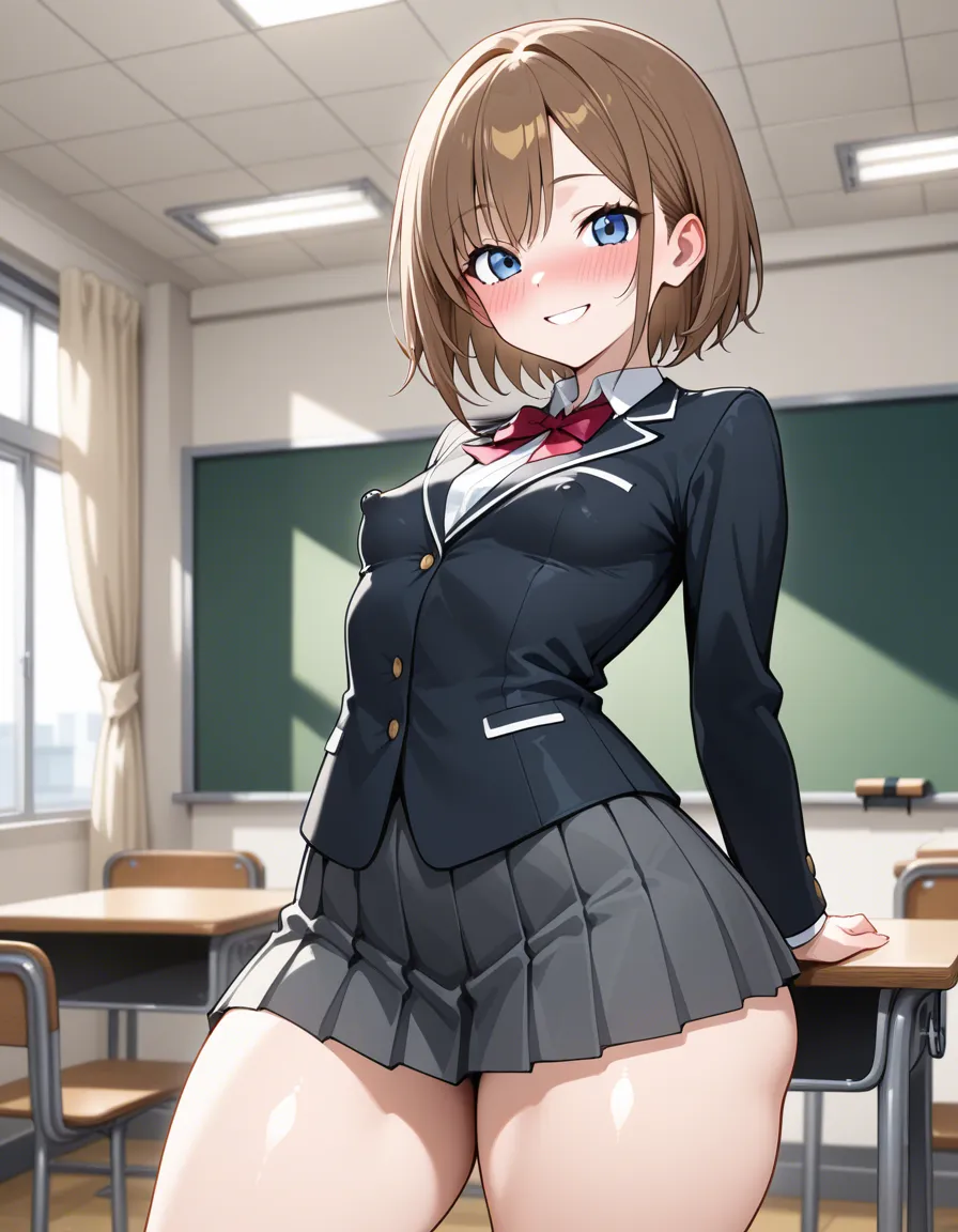 School girl,school uniform,short,big head,small breasts,thick thighs,insanely large thighs,small arms,big blue eyes,short brown hair,nipple bulge,bright smile,blushing,with her hands behind her back,short skirt,school classroom, hentai_studio_quality
