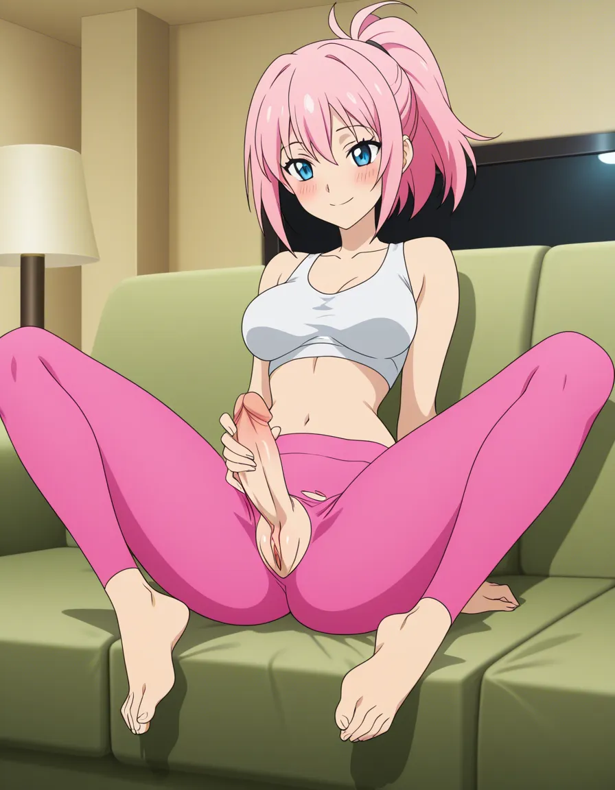 futanari, pink_hair, ponytail, blue_eyes, medium_breasts, wide_hips, ripped yoga pants, masturbation, spread_legs, erection, pussy, smile, blush, living room, (anime style:1.3), 2d, anime screencap, cel shading, flat color