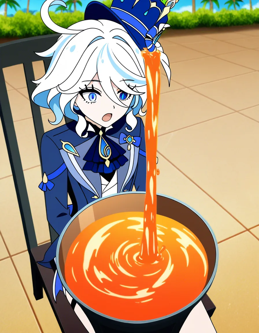 A high-quality anime-style illustration of Furina from Genshin Impact, sitting surprised on a chair inside a clear glass gunge tank booth outdoors. She is being drenched in a continuous stream of thick, smooth, vibrant orange liquid pouring from a nozzle directly above her. The liquid coats her distinctive blue-and-white hair, face, outfit, and entire body, dripping down in glossy, viscous trails.
The setting is a bright, sunny outdoor water park with blue water slides, sparkling pools, and palm trees visible in the soft-focus background. The lighting is bright and summery, highlighting the reflective, wet texture of the orange substance covering Furina’s clothing and features. The composition is vertical, centered, and clean, with a focus on the smooth, liquid-drenched aesthetic and Furina’s surprised expression. High detail, vibrant colors, cinematic composition., (anime style:1.3), 2d, anime screencap, cel shading, flat color
