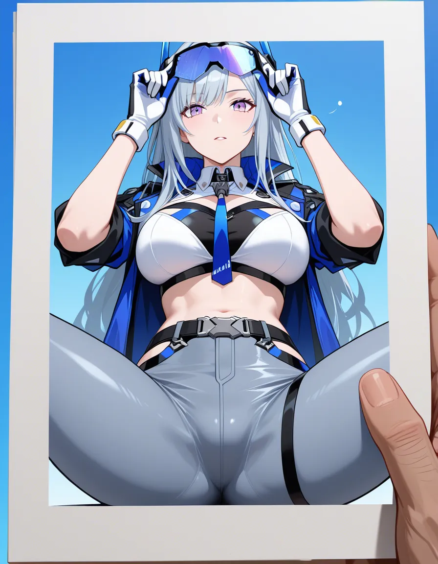 ultra HD, lifelike, 1girl, midriff, gloves, presenting, blue background, POV, studio photo, hentai_studio_quality