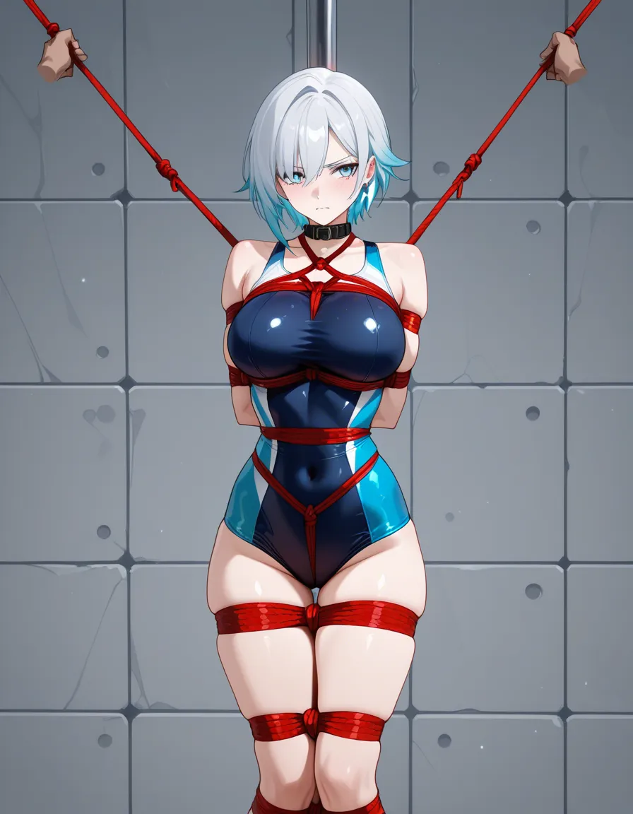 highly detailed, sharp, solo focus, swimsuit, bondage, soft cel shading, hentai_studio_quality