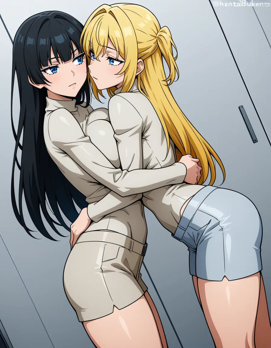 blonde hair female futanari blue eyes blue eyeshadow makeup pink lipstick swearing hooker clothes large breasts blue bra white skirt apporoach short black hair man wearing white_shirt blue pants and white sneakers streets, hentai_studio_quality