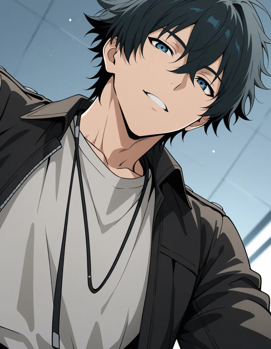 ultra detailed shading, male focus, jacket, blowjob, dreamy atmosphere, from below, anime style, hentai_studio_quality