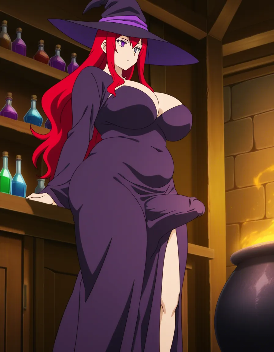 futanari, plump, red_hair, purple_eyes, large_breasts, large_ass, witch costume, long_dress, oral, penis, from_side, erection_under_clothes, indoors, cauldron, potion shelves, (anime style:1.3), 2d, anime screencap, cel shading, flat color