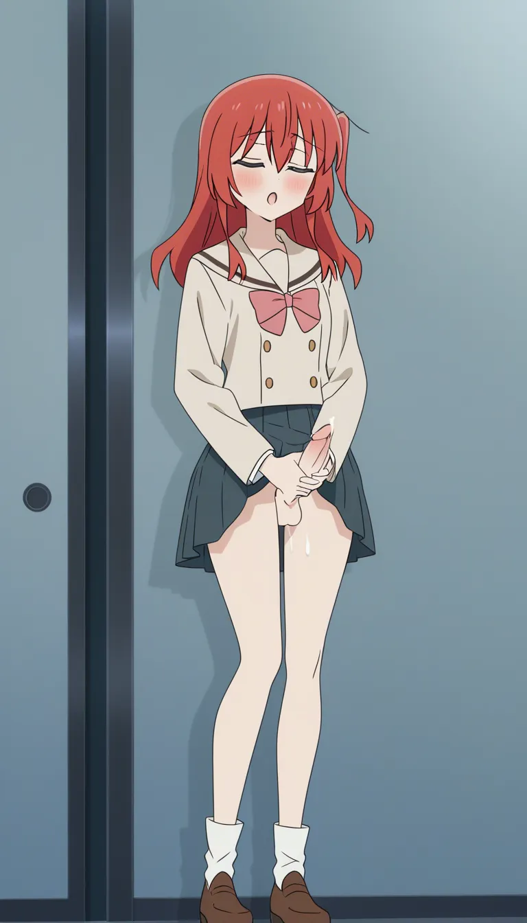 kita_ikuyo bocchi_the_rock, futanari, masturbation, cum, cumshot, standing, hentai_studio_quality, (anime style:1.3), 2d, anime screencap, cel shading, flat color