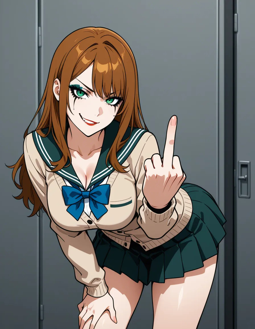 ultra detailed shading, brown_hair , green_eyes , school_uniform , miniskirt , showing middle finger to camera, heavy makeup , smirk, hentai_studio_quality