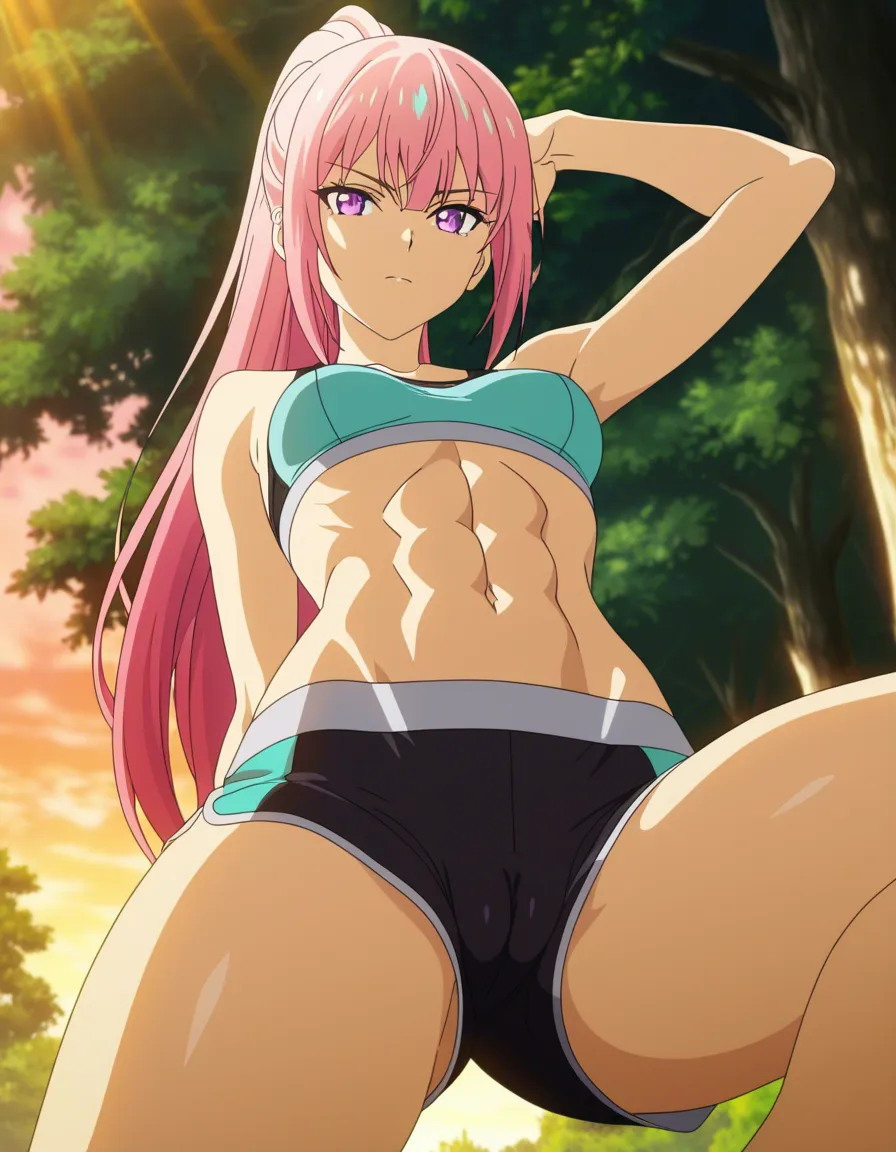 best quality, explicit detail,explicit anime render, black micro_shorts, soft teal sports_bra, rose pink_hair, intense royal purple_eyes, on_one_knee, cameltoe, cleft_of_venus athletic, abs, ponytail, long_hair, straight_hair, public_indecency, public park, straight-on, looking_at_viewer, looking_ahead, 1girl, solo_focus, from_below, Masterpiece, sharp_focus, best_lighting, highres, ultra_detailed, dappled_sunlight, golden_hour, small_breasts,, (anime style:1.3), 2d, anime screencap, cel shading, flat color