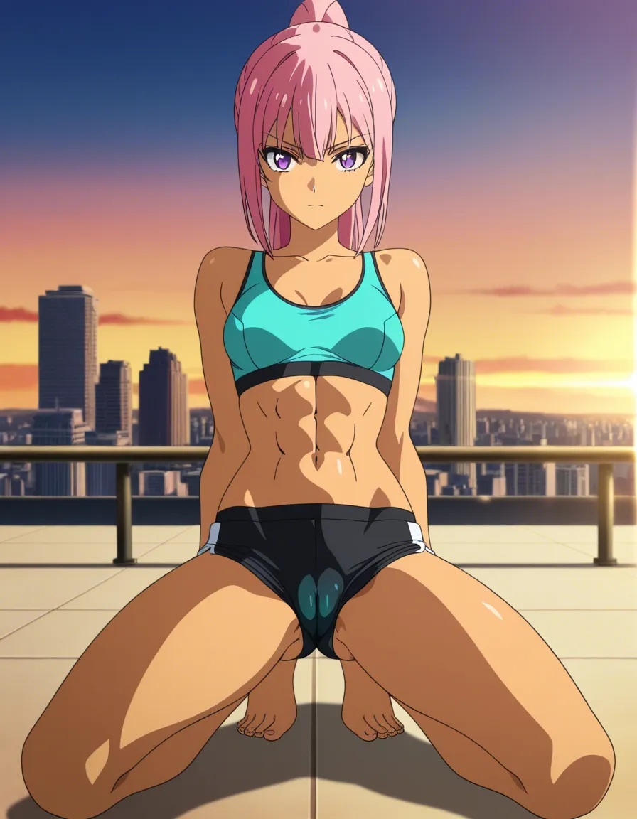 best quality, explicit detail,explicit anime render, black micro_shorts, soft teal sports_bra, rose pink_hair, intense royal purple_eyes, on_one_knee, cameltoe, cleft_of_venus athletic, abs, ponytail, long_hair, straight_hair, public_indecency, cityscape, straight-on, looking_at_viewer, looking_ahead, 1girl, solo_focus, Masterpiece, sharp_focus, best_lighting, highres, ultra_detailed, dappled_sunlight, golden_hour, small_breasts, tan,, (anime style:1.3), 2d, anime screencap, cel shading, flat color