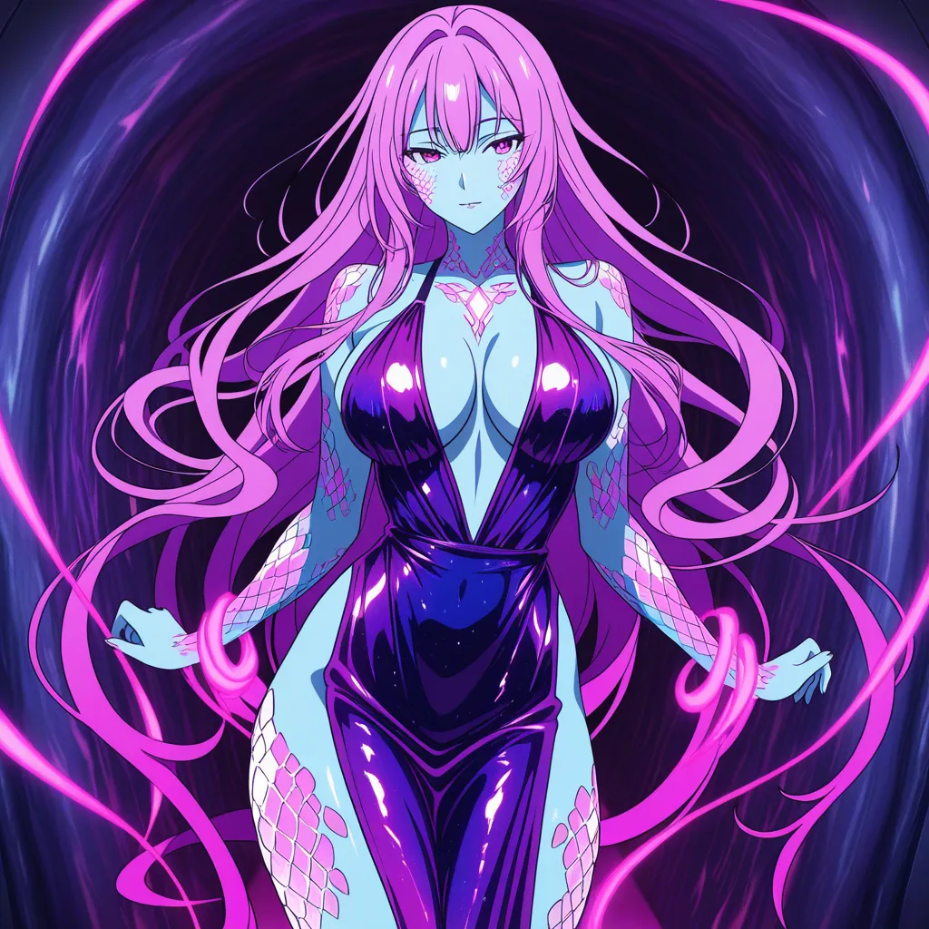 Elegant yet seductive female figure dancing through a tunnel of swirling psychedelic light ribbons and glowing orbs, body in a graceful mid-motion pose that highlights curves, wearing a form-hugging dress of translucent energy and iridescent scales, hair flowing wildly with color trails, expression of quiet confidence and allure, vibrant color palette of magenta, cyan and gold, highly detailed skin and fabric, Instagram-friendly sensuality, (anime style:1.3), 2d, anime screencap, cel shading, flat color, @00osamio00
