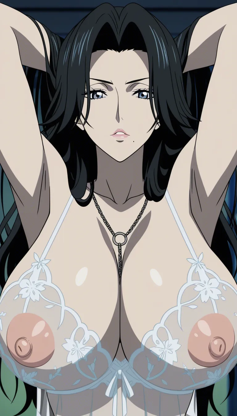 masterpiece, best quality, 1girl, presenting, mature_female, arms_up, mole_under_mouth, 2d, anime screencap, cel shading, black_hair, lingerie, see-through_clothes, long_hair, hentai_studio_quality, armpit_crease, large_breasts, puffy_nipples hentai_studio_quality, @matsumoto_rangiku, (anime style:1.3), 2d, anime screencap, cel shading, flat color, @00osamio00