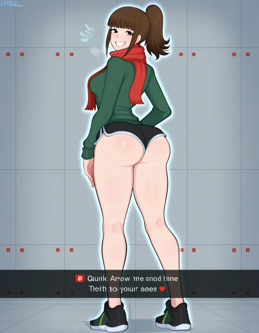 #afrobull_artstyle, @lofi_girl_(youtube), 1girl, solo, aged_up, dark-brown_hair, ponytail, blunt_bangs, medium_breasts, grin, ass, dark-green_sweater, red_scarf, dolphin_shorts, black_shorts, standing, full_body, looking_back, from_behind, hentai_studio_quality