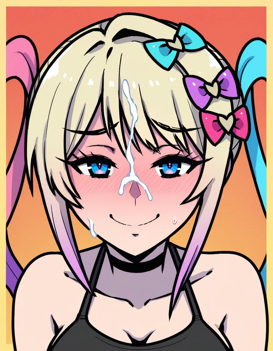 @chouzetsusaikawa_tenshi-chan, 1girl, embarrassed, smile, akairiot_artstyle, blush, pov, cum, facial, (anime style:1.3), 2d, anime screencap, cel shading, flat color, @00osamio00