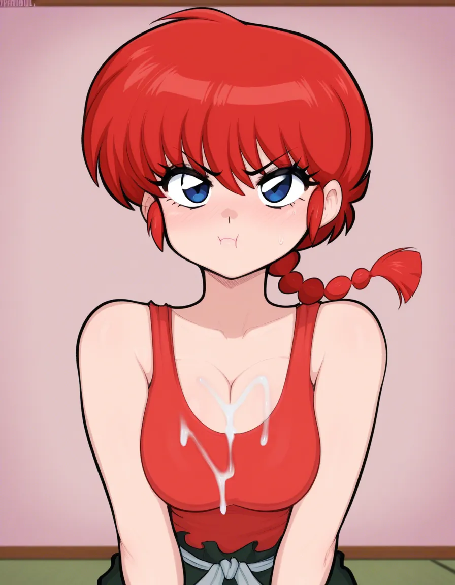 @ranma-chan, afrobull_artstyle, red_hair, tank_top, large_breasts, blush, pout, embarrassed, cum, cum_on_breasts, cum_on_clothes, no_bra, 1girl, solo, (anime style:1.3), 2d, anime screencap, cel shading, flat color, @00osamio00