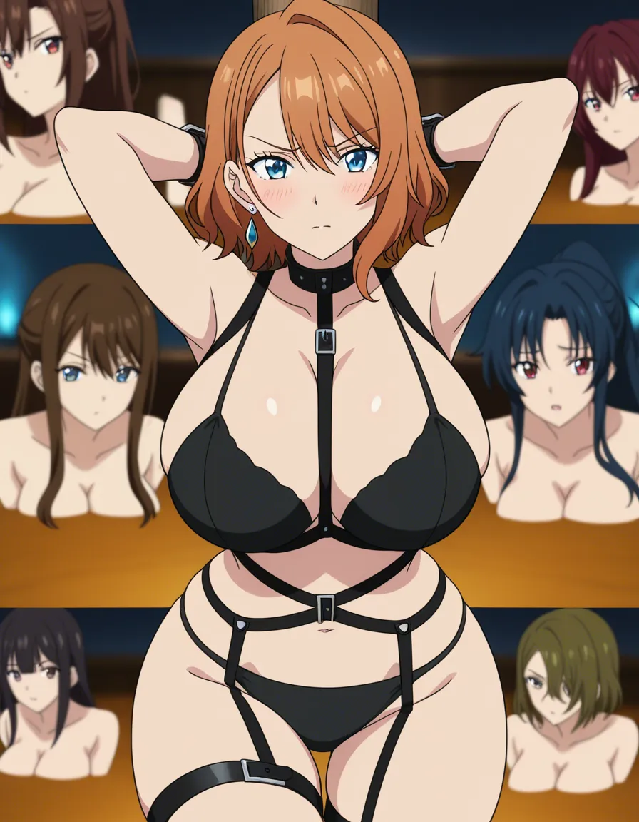 best quality, polished, 6+girls, huge breasts, earrings, bondage, blurry background, doujin style, (anime style:1.3), 2d, anime screencap, cel shading, flat color, @00osamio00