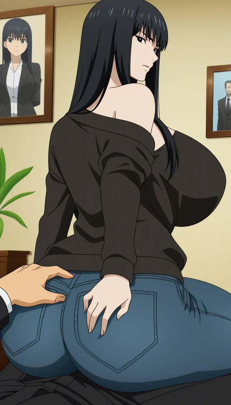 picture realistic hentai, very massive huge breasts & huge curvy legs verry massive huge ass, pritty face, skin white black straight_hair, black eyes 
with sexy lingerie in front of mirror to take selfie female_masturbation to take picture for her husband she is shy, horny, pissy hot with water finger in her pissy, second picture_frame she wears black suit with open breast in 60% bleu jean denim in sitting in coffeshop with stranger he makes his hand on her legs as first step in cuckold cheating hotwife,, hentai_studio_quality, (anime style:1.3), 2d, anime screencap, cel shading, flat color, @00osamio00, hentai_studio_quality, hentai_studio_quality