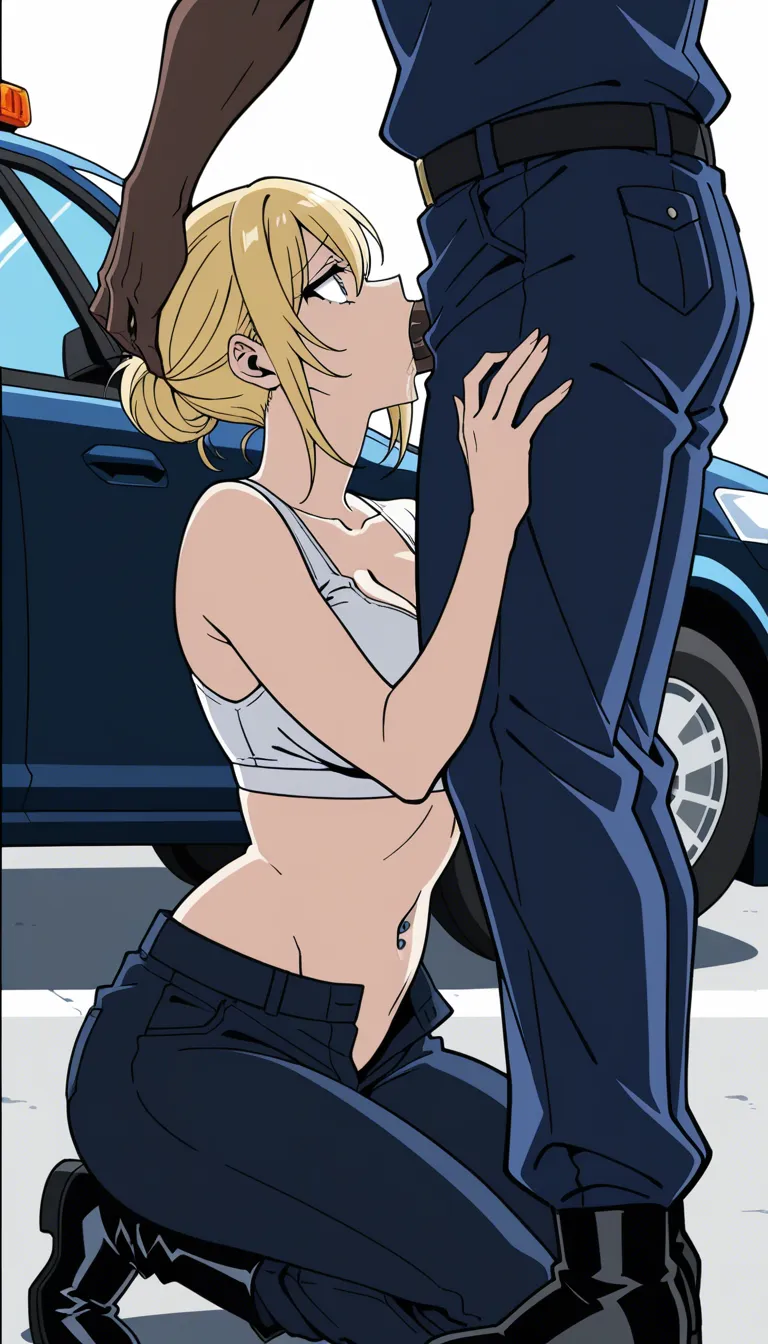 Interracial deepthroat blowjob. A blonde mature_female, hair in bun, navel piercing, wearing an unbuttoned police uniform, white sports bra, dark uniform pants, and black work boots, kneeling, blowing a police officer with a large penis. He cums in her mouth and she swallos. Outside, in front of police car. Backlit, photorealistic, sharp focus.