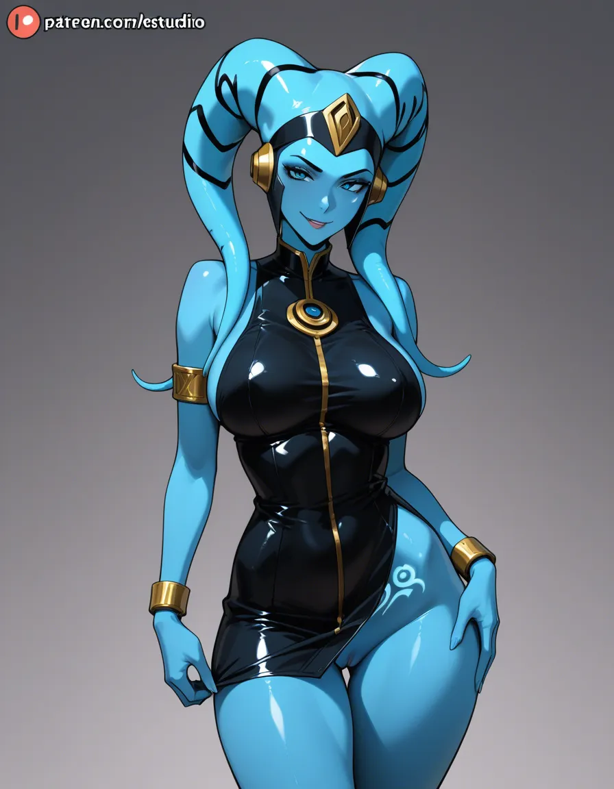 blue skinned twi'lek, visible pubic_tattoo, bottomless, no_bra, naughty_face, very short dress, hentai_studio_quality