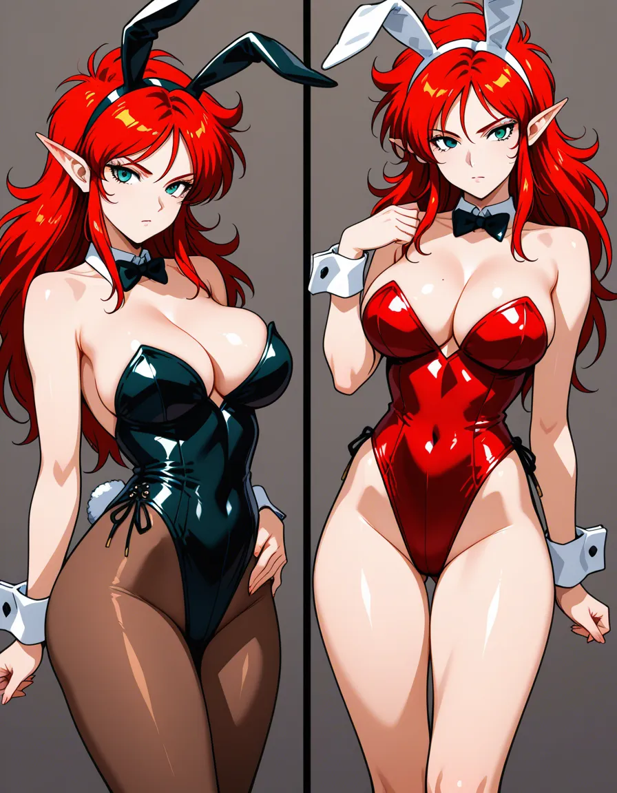 masterpiece , fight_iczer_1 , iczer_2 , red_hair , long_hair , playboy_bunny , pointy_ears ,hentai_studio_quality, hentai_studio_quality