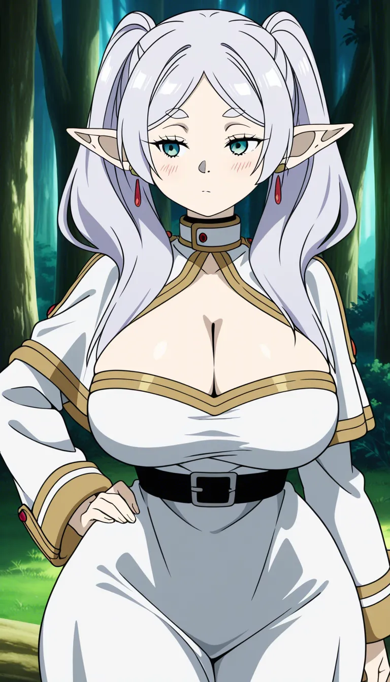 voluptuous body, large breasts, wide hips, thick thighs,  , elegant yet seductive expression, wearing a tight white and gold dress with deep cleavage and high side slits, standing in a soft magical forest light, one hand lightly resting on her hip, subtle blush, detailed skin, anime style @frieren, (anime style:1.3), 2d, anime screencap, cel shading, flat color, @00osamio00