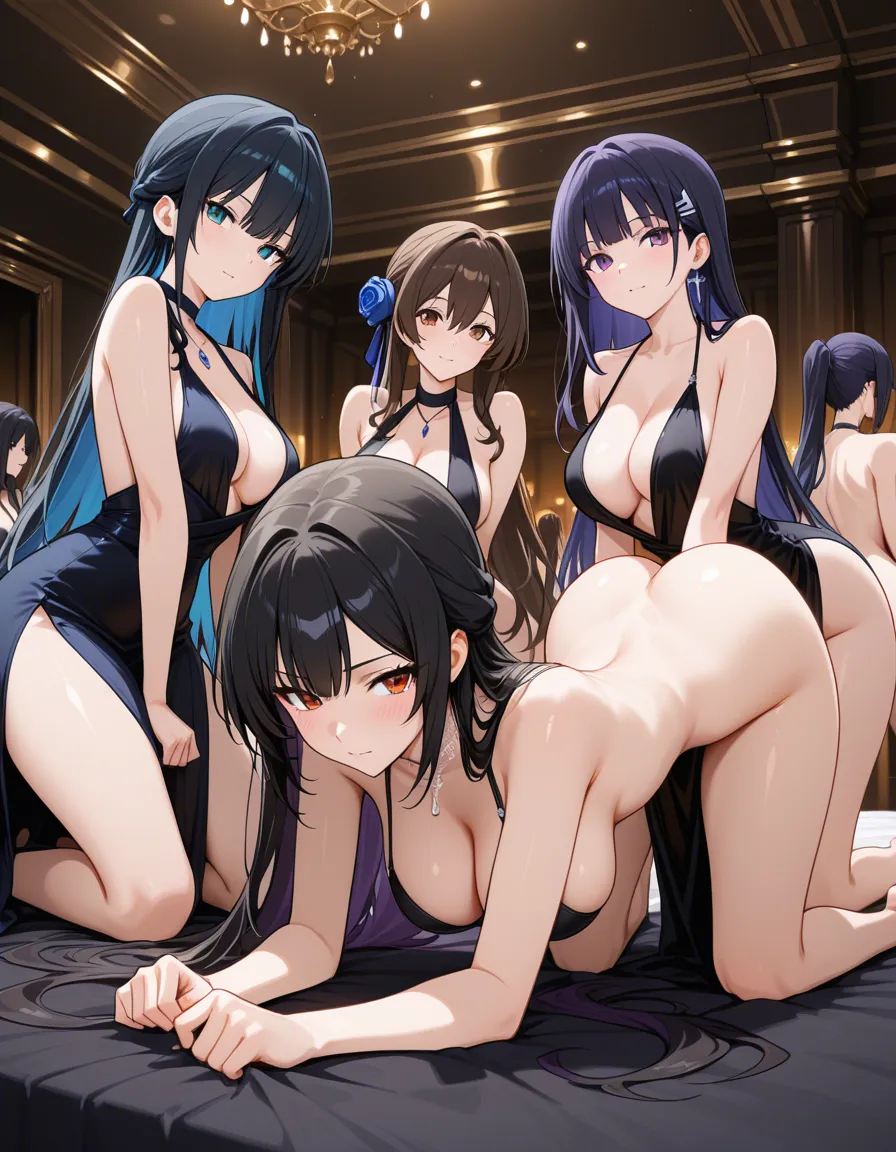 masterpiece, fine detail, 6+girls, cocktail dress, on all fours, eroge aesthetic, nude, hentai_studio_quality