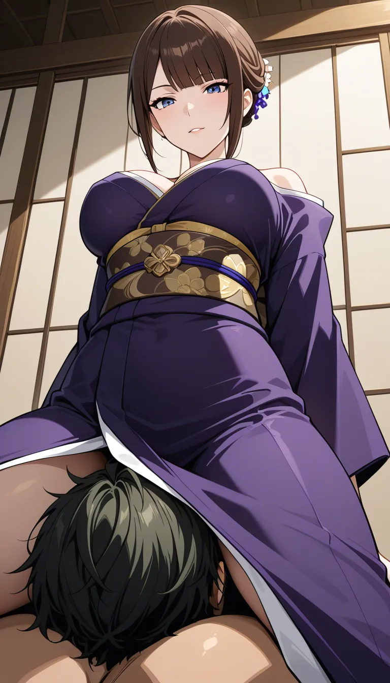 ultra detailed shading, brunette woman, japanese clothes, facesitting, from below, anime style, hentai_studio_quality