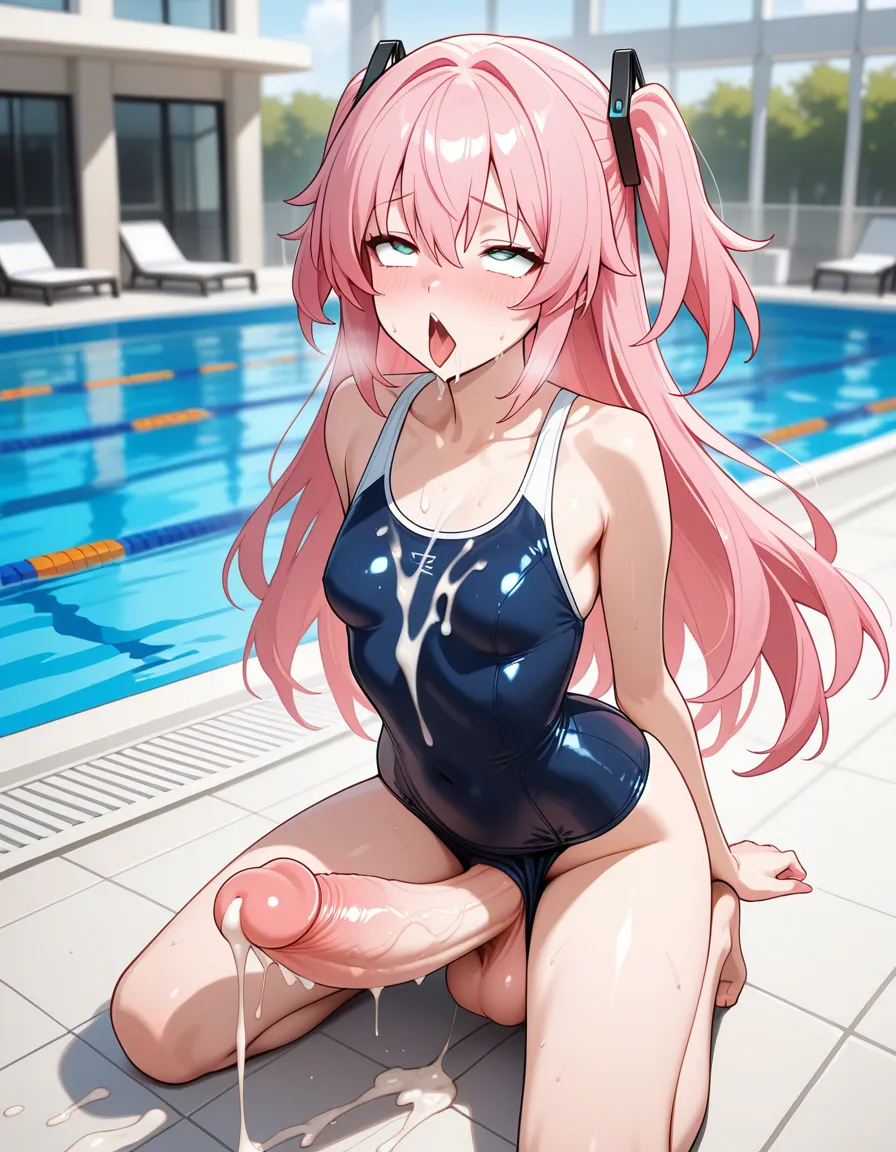 masterpiece, best quality, futanari, ahegao, cumming, solo_focus, alone, cum_on_breasts, cum_on_body, small_breasts, gigantic and enormous penis, breasts_out, long_hair, swimsuit, pink_hair, kneeling, pool, hentai_studio_quality