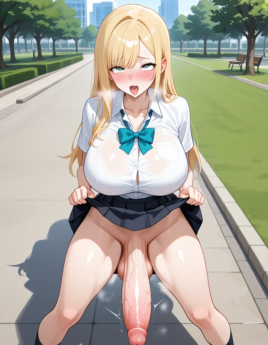 highly detailed, futanari, school_uniform, petite, blonde_hair, shy, embarrassed, skirt_lift, ahegao, cumming, cumshit, huge_breasts lifting_own_clothes, huge_penis , her dick is strongly leaking, she is in the crowded public park, hentai_studio_quality