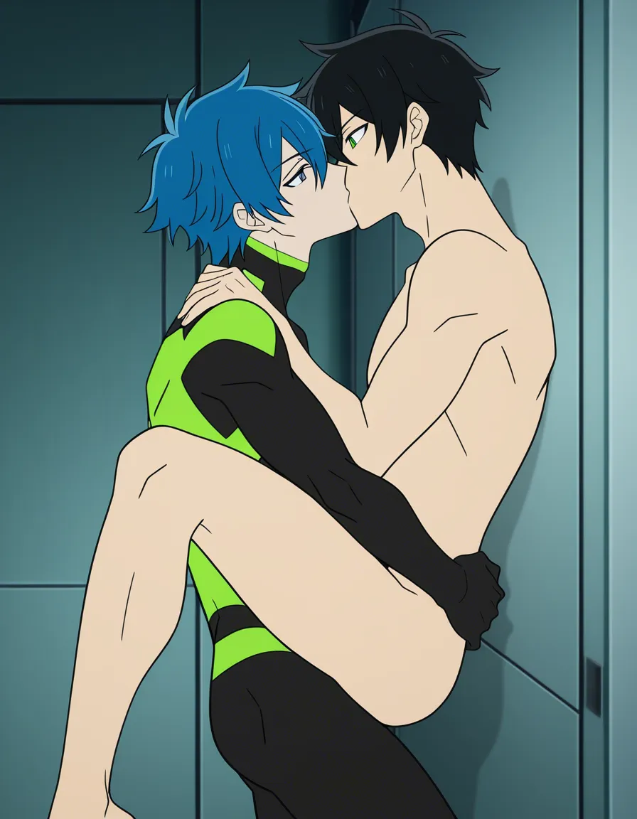 Generate an image of two males kissing, kissing while penetrating, one leg up, one of the males has black hair, and fair skin, and the other male has a ashy greyish blue hair, with green sharp eyes. The one being penetrated is the male with ashy greyish blue hair, and the top is the black haired male. Ivan and Till from Alien stage., (anime style:1.3), 2d, anime screencap, cel shading, flat color, @00osamio00