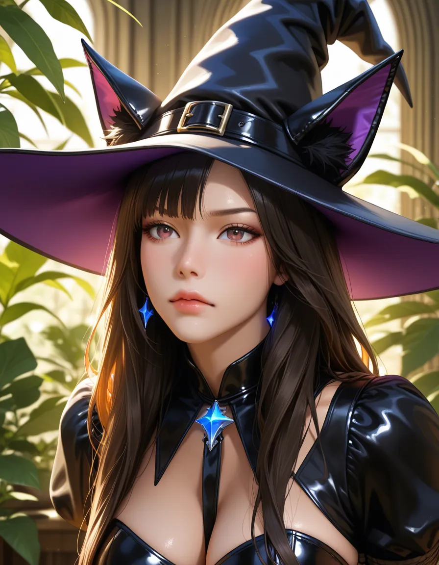 highly detailed, natural lighting, witch, fake animal ears, puffy sleeves, bondage, plant, close-up, photorealistic, hentai_studio_quality