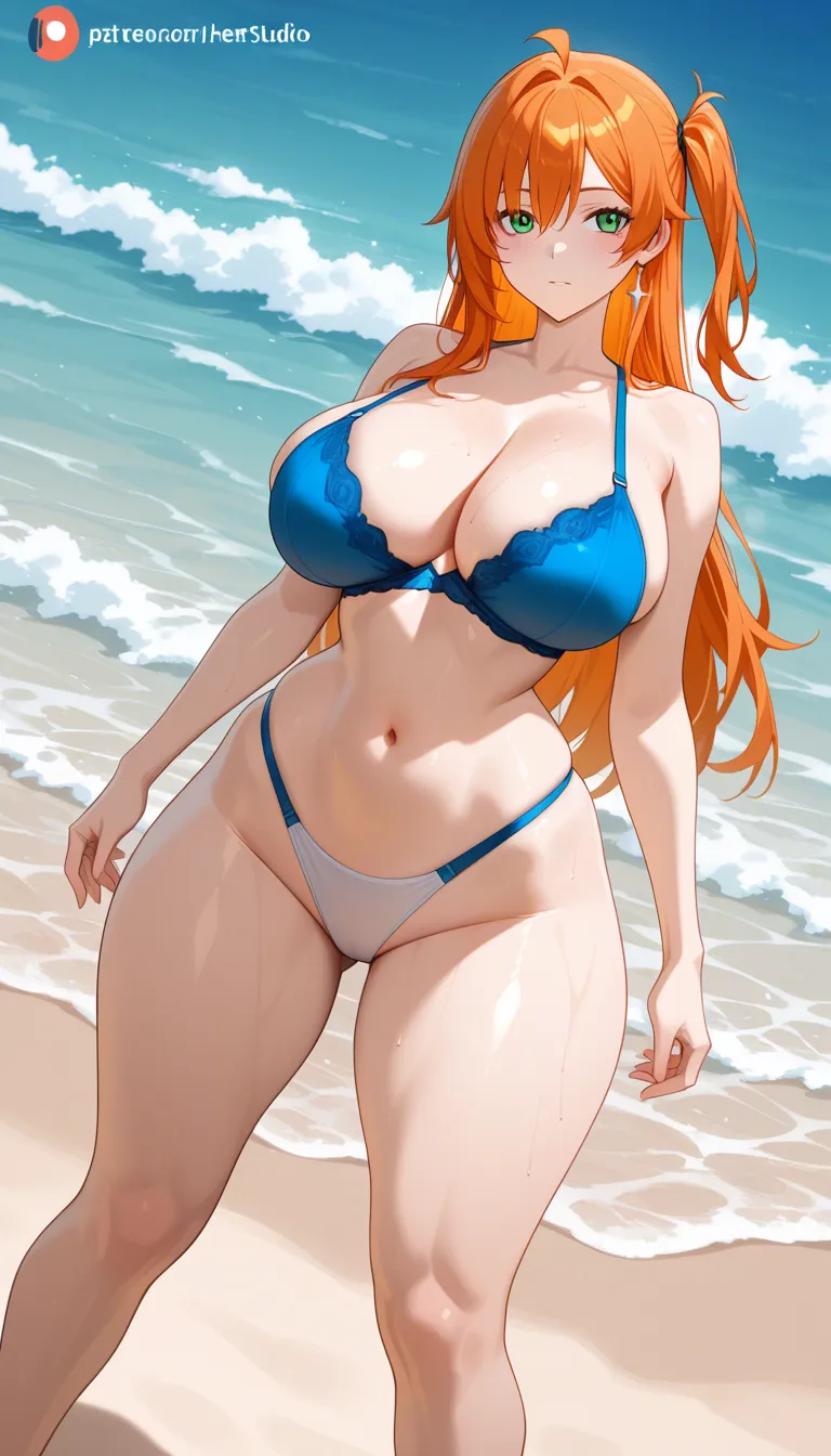 A girl with long orange hair and green eyes with big boobs and thick thighs but thin narrow_waist wearing a tight blue bra and a tight white panties on beach wearing a strawhat on beach, hentai_studio_quality