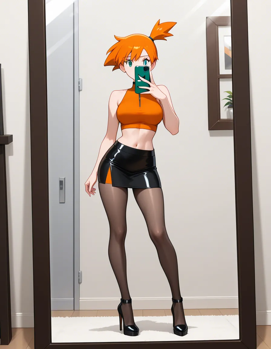 /best_quality /ultra_detailed @misty_(pokemon) #high_heels #skirt #crop_top #selfie #mirror #1girl #orange_hair, hentai_studio_quality