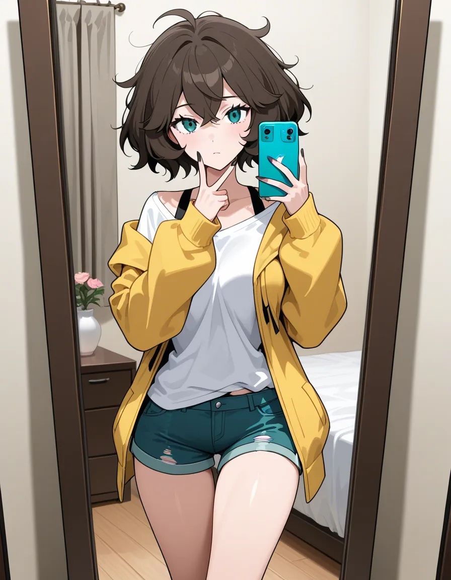 /best_quality /ultra_detailed @misty_(pokemon) #shorts #messy_hair #selfie #v #bedroom #mirror, hentai_studio_quality