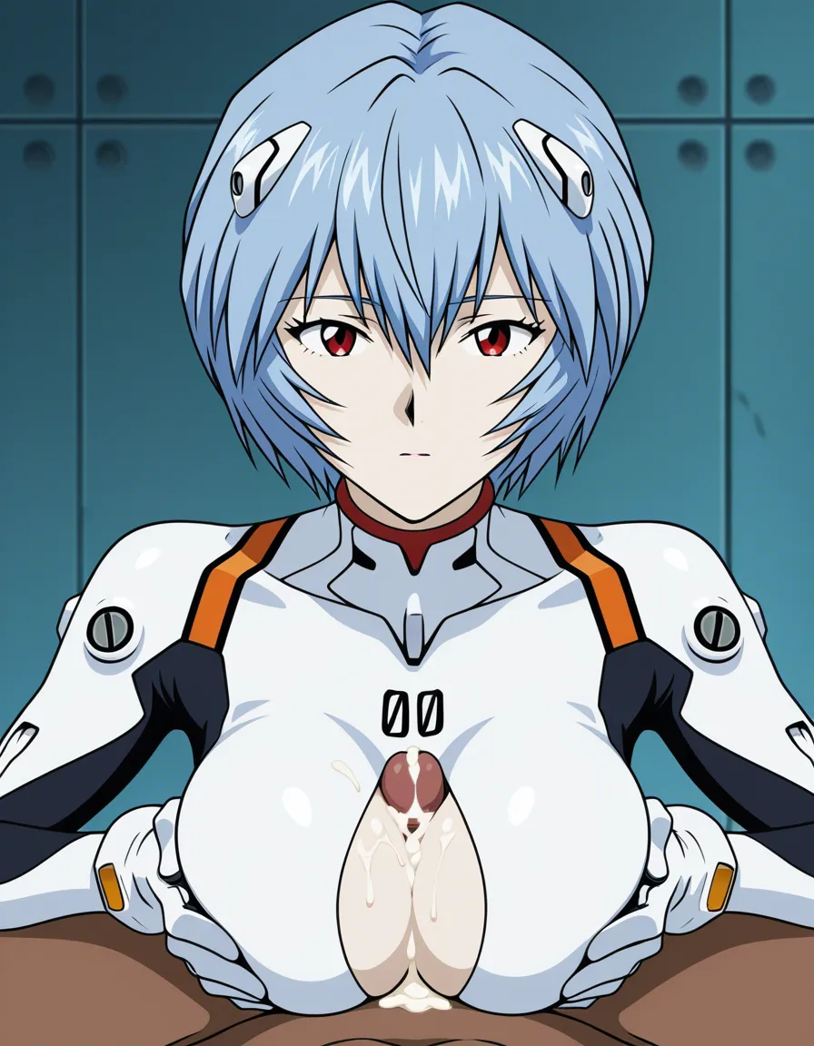 @ayanami_rei, white_skin, bodysuit, interracial, paizuri, cum_on_breasts, (anime style:1.3), 2d, anime screencap, cel shading, flat color