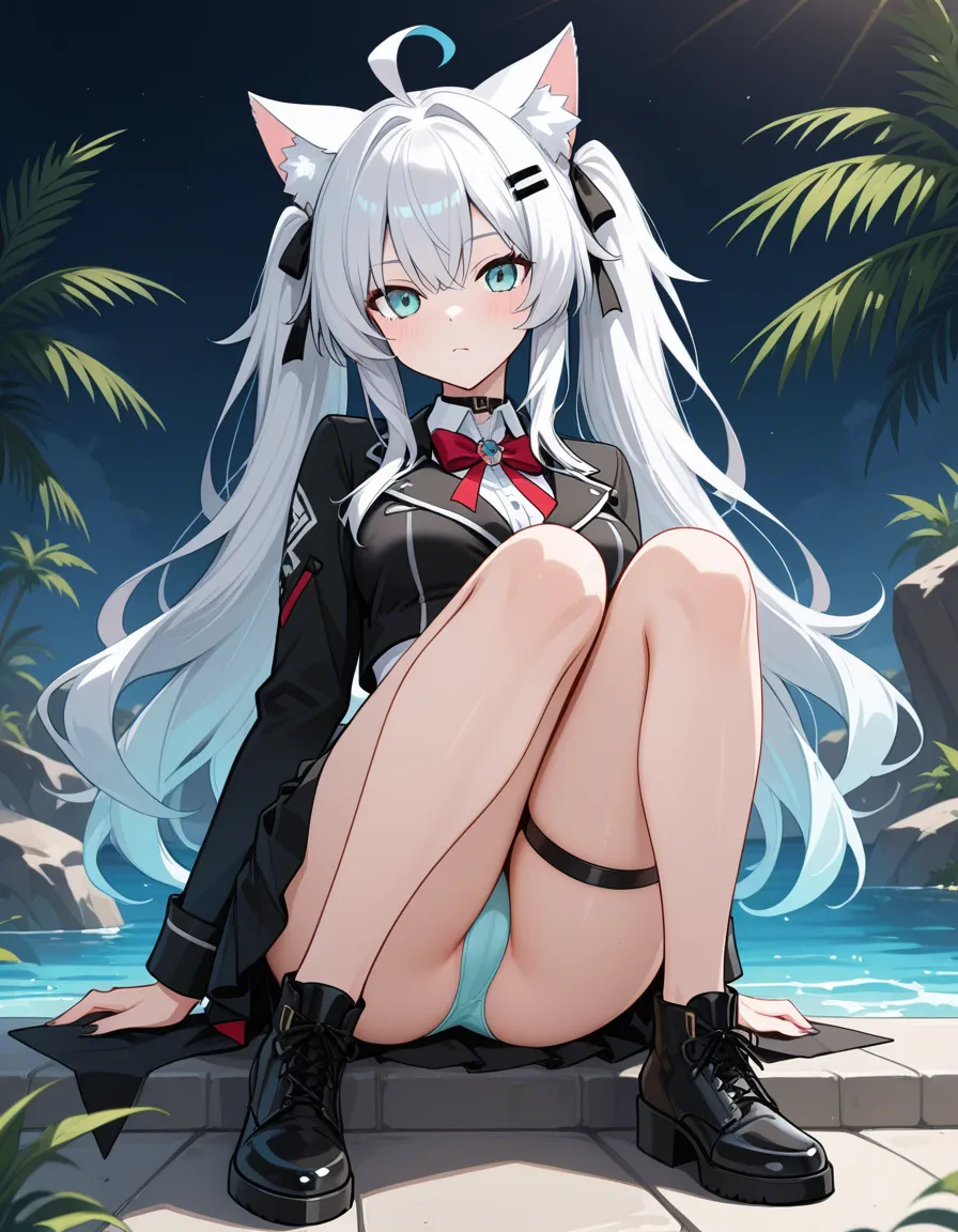 highly detailed, sharp, catgirl, presenting, black footwear, ahoge, water, eroge aesthetic, hentai_studio_quality