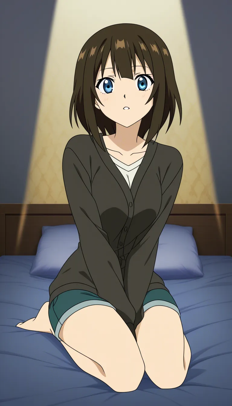 sharp focus, 8k uhd, female, shirt, kneeling on bed, spotlight, studio photo, hentai_studio_quality, (anime style:1.3), 2d, anime screencap, cel shading, flat color, @00osamio00
