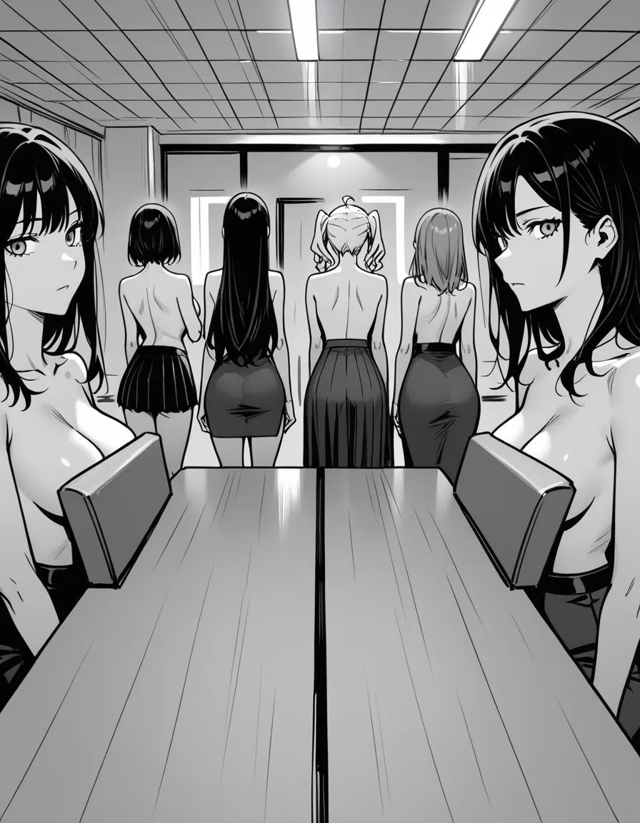 highly detailed, sharp, 5girls, skirt, topless, POV, manga panel look, hentai_studio_quality