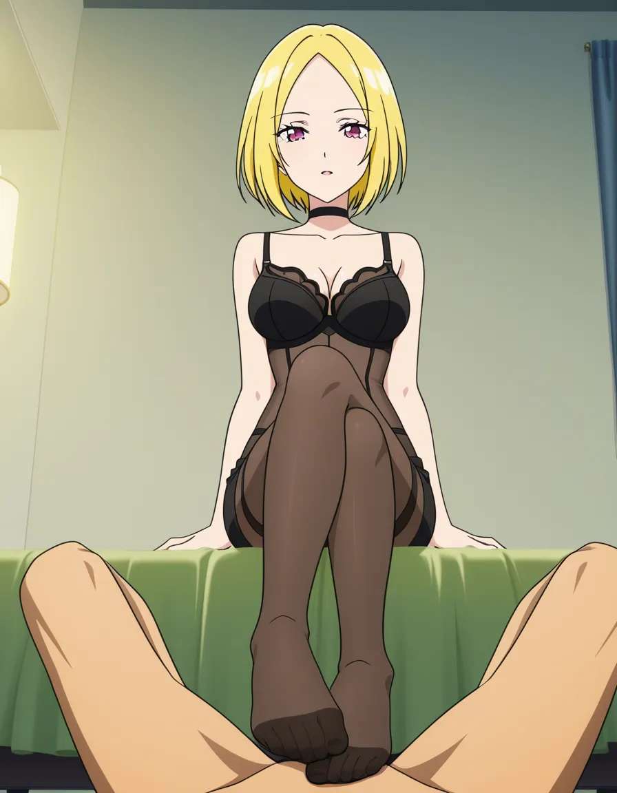 blonde woman in stockings giving footjob, (anime style:1.3), 2d, anime screencap, cel shading, flat color, @00osamio00