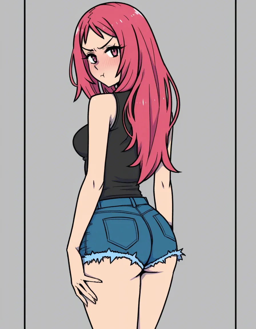 akairiot_artstyle, @misty_(pokemon), 1girl, solo, hair_down, medium_breasts, denim, denim_shorts, ass, pout, embarrassed, from_behind, looking_back, looking_at_viewer, standing, (anime style:1.3), 2d, anime screencap, cel shading, flat color, @00osamio00